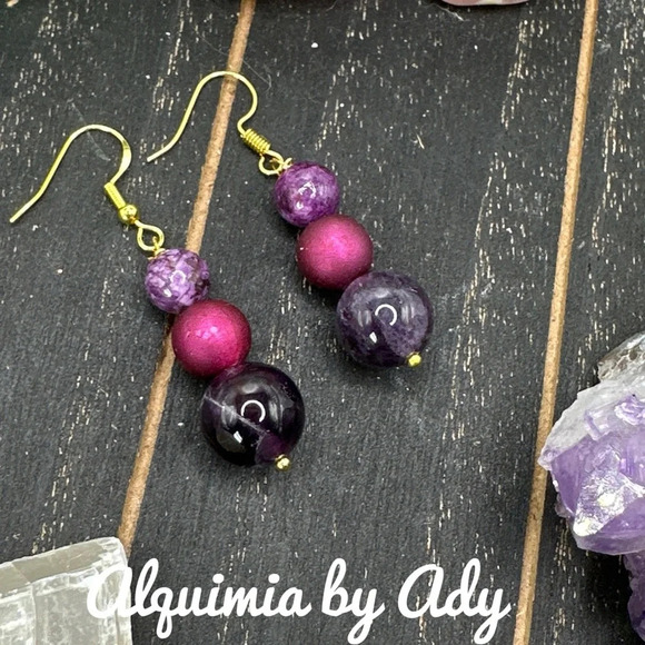 Gold statement purple turquoise amethyst bon bon dangle earrings - Picture 1 of 1